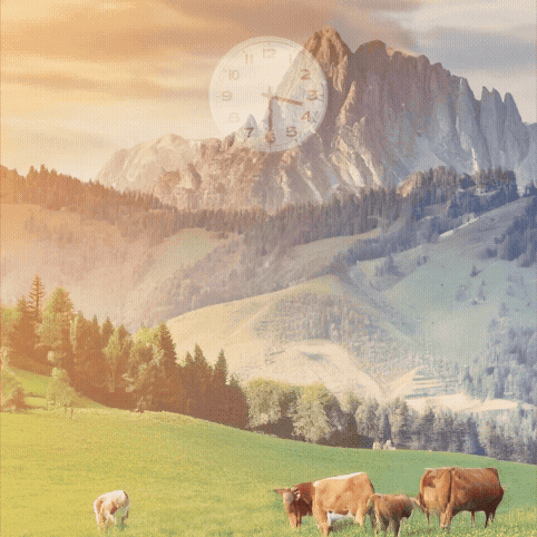 Animated clock face over a sunlit mountain valley — time passing while the landscape stays calm.